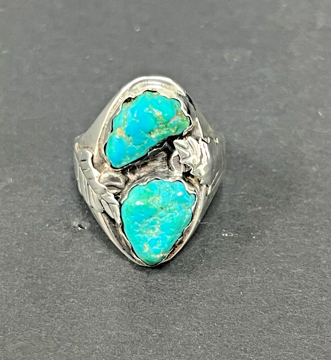 Vintage Horace Iule Zuni Ring 925 Sterling Turquoise with leaves Size 11.5 Heavy