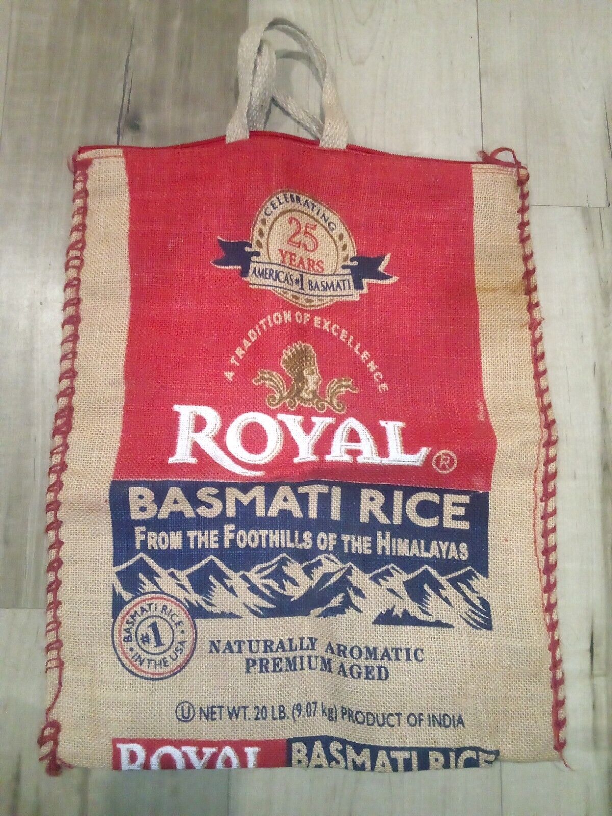 Royal Basmati Rice 25 years Burlap Sack Bag Zippered Top With Handles Empty Used