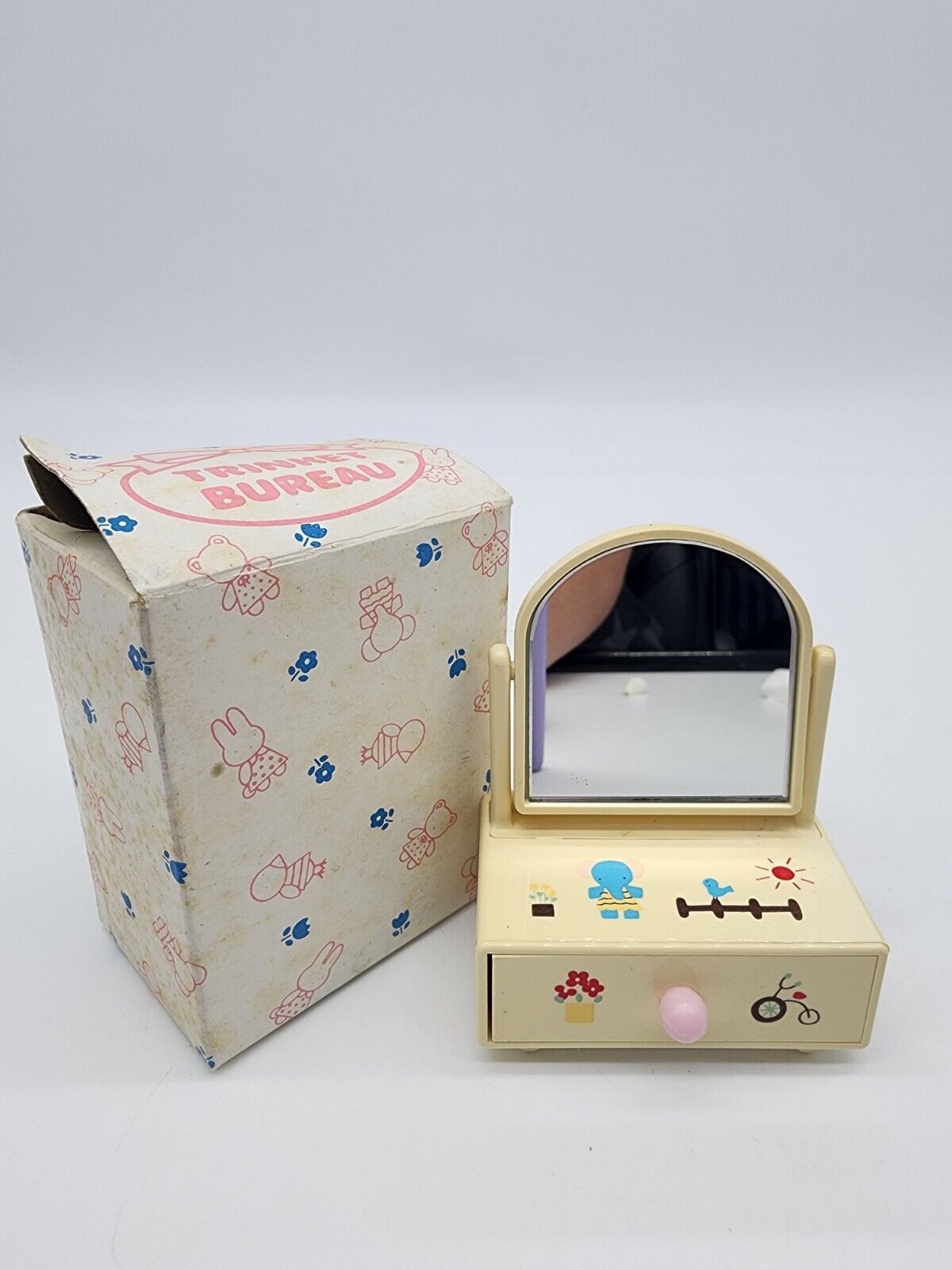 Vintage 1978 Sanrio Mini Dresser Trinket Box Vanity Mirror Elephant Japan Cream