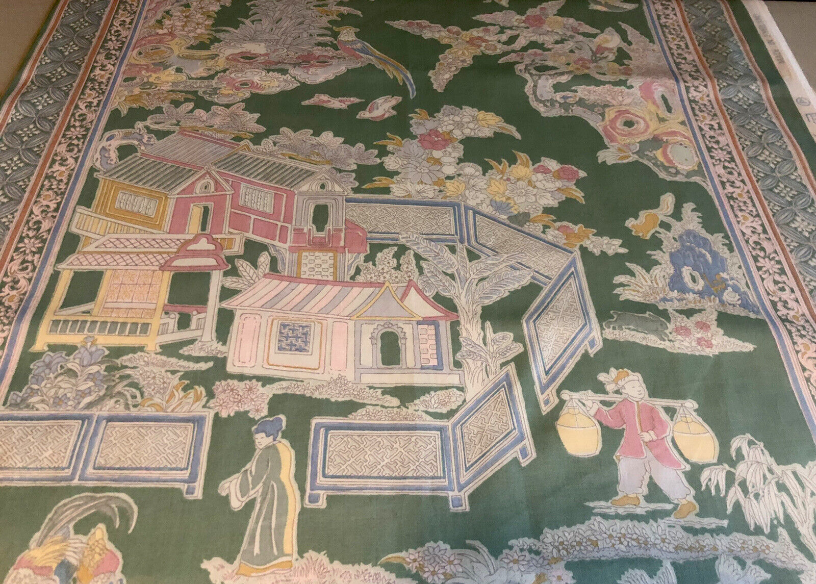 1980 Jonelle ‘Ban Tai’ Green,Ivory,Pink oriental cotton 1.5 metres - perfect