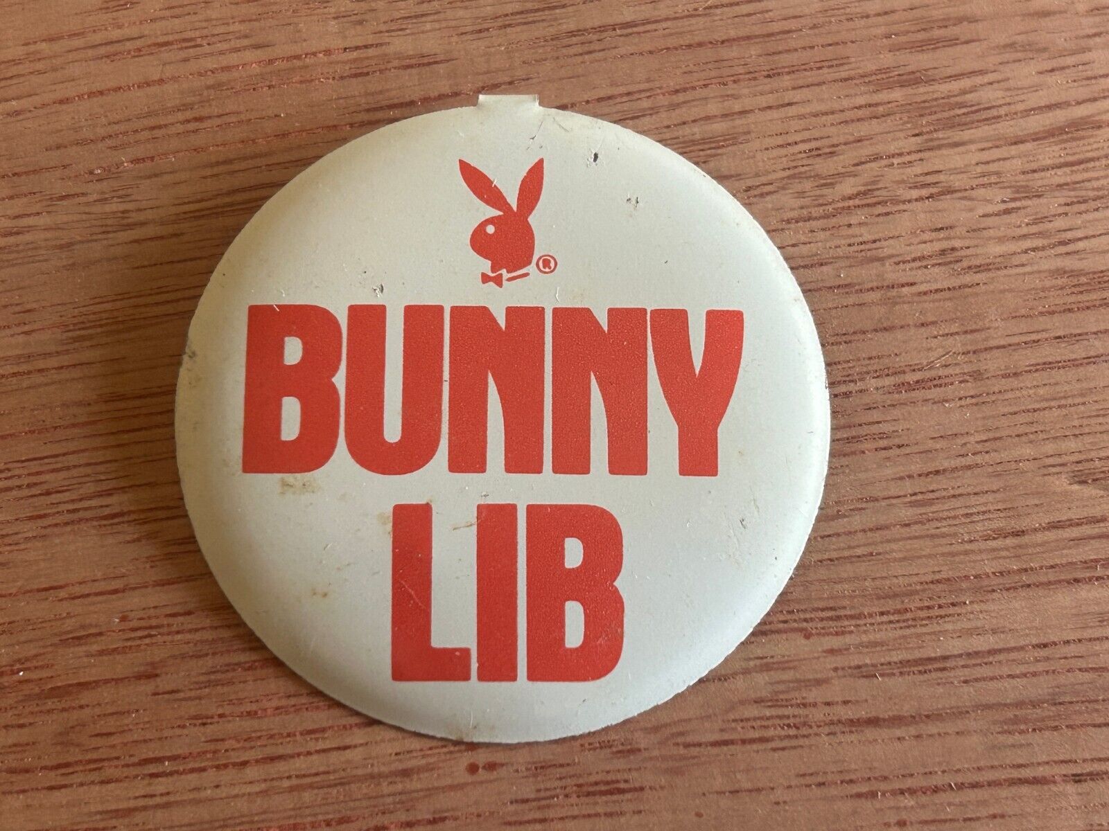 Playboy Bunny Lib Fold Over Tab Button Badge Pin Vintage Scarce Tin Litho Rare