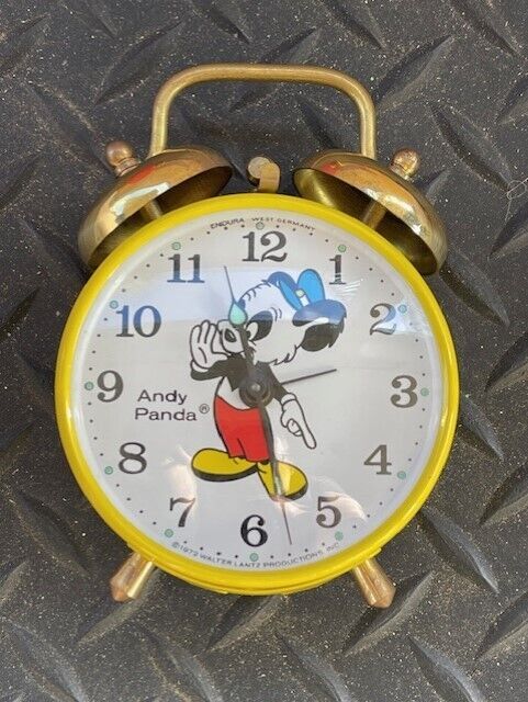 Vintage 1970's ANDY PANDY Yellow/Metal Wind-up Bell Alarm Clock - 