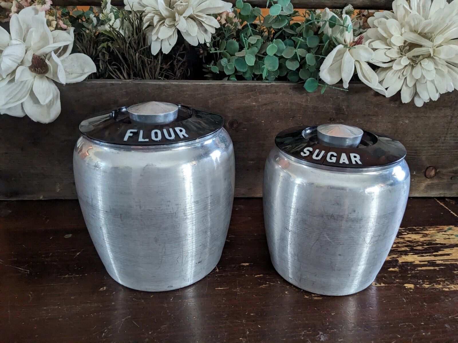Vintage 1950’s MCM Kromex Spun Aluminum Flour and Sugar Canisters