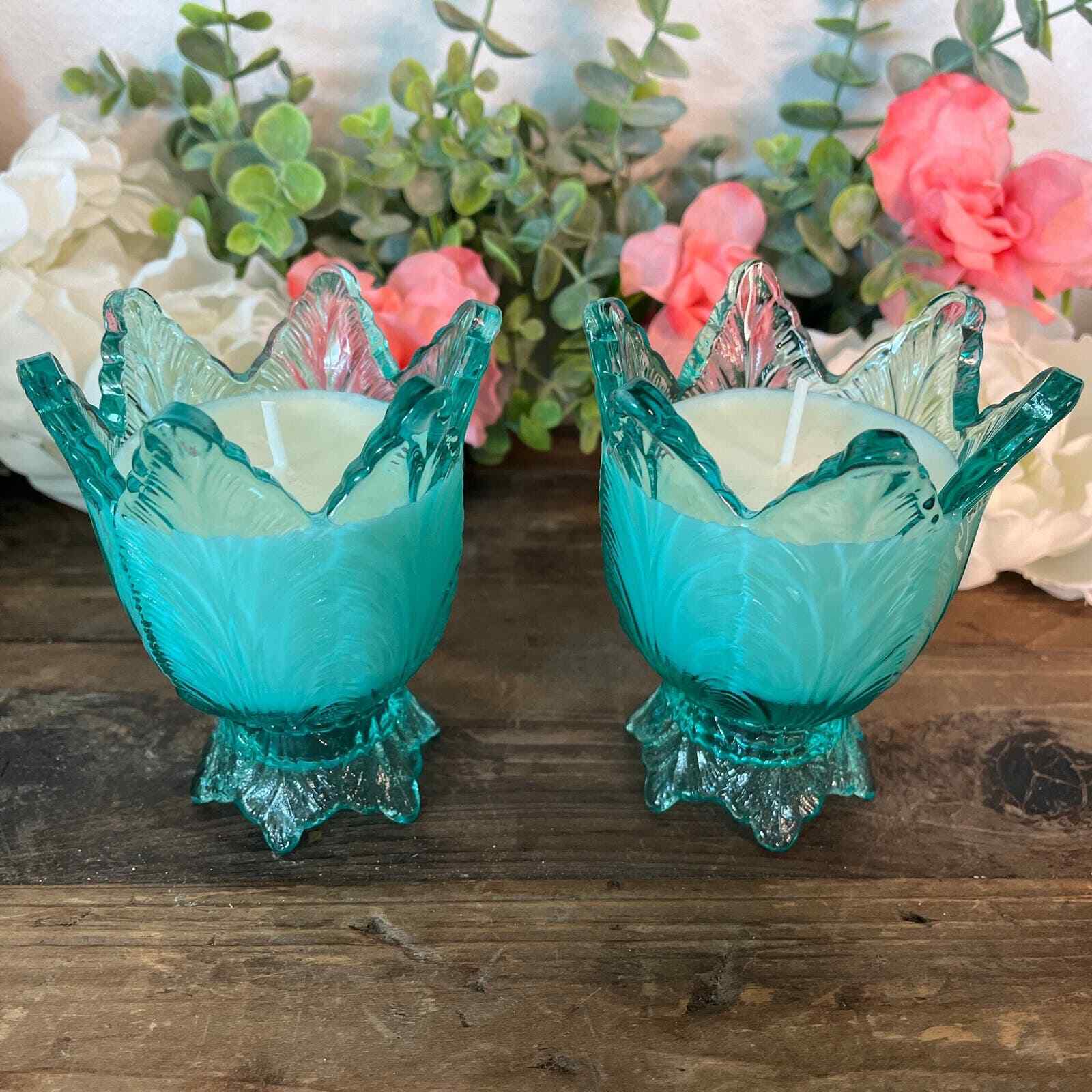Teal Blue Fenton Glass Tulip Candles, Soy Candles