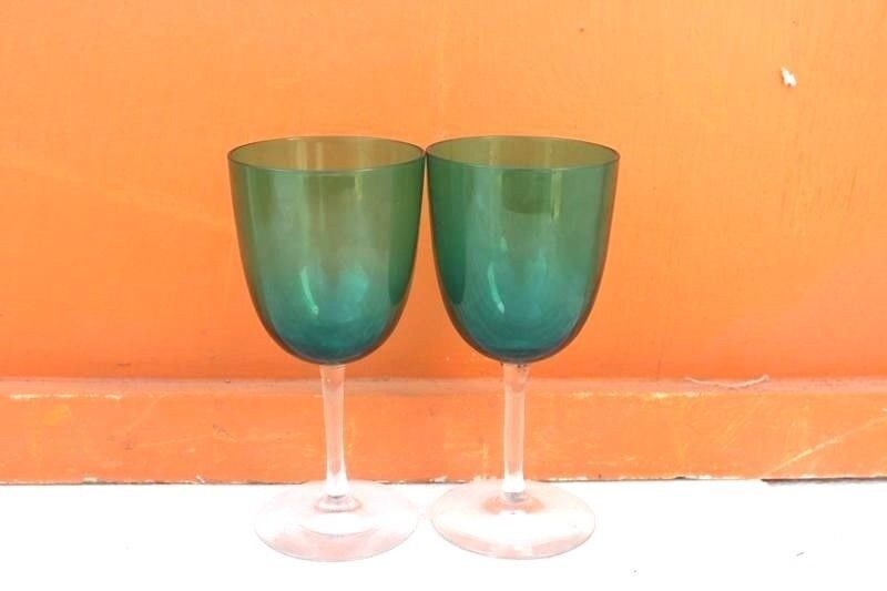 2 Pc Green Glass Old Vintage Antique Drink Ware Home Decor E-78