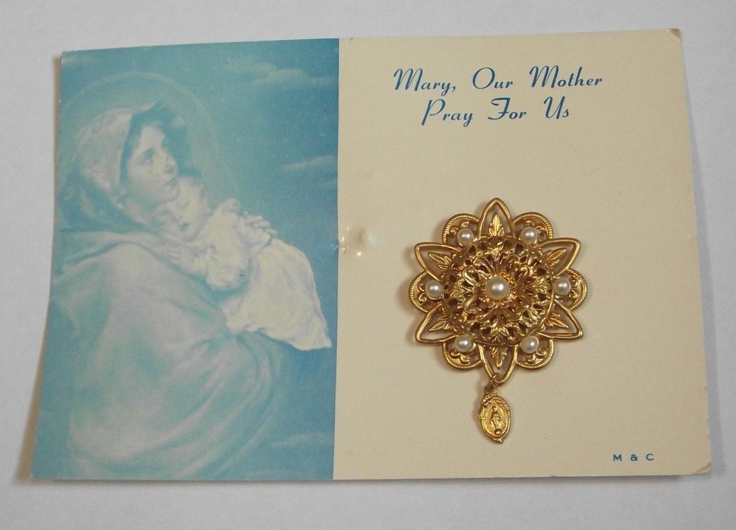 Vintage NOS gold tone faux pearl Miraculous Virgin Mary medal charm brooch pin