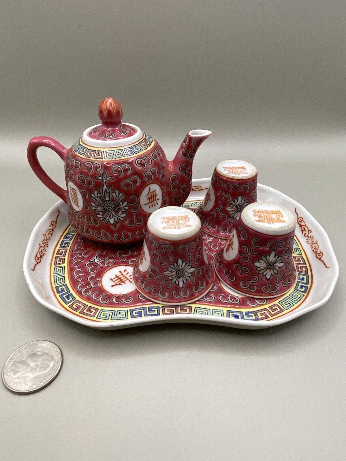 Vintage Zhongguo Jingdezhen Mun Shou Famille Rose Mini Tea Pot Cups Tray X8
