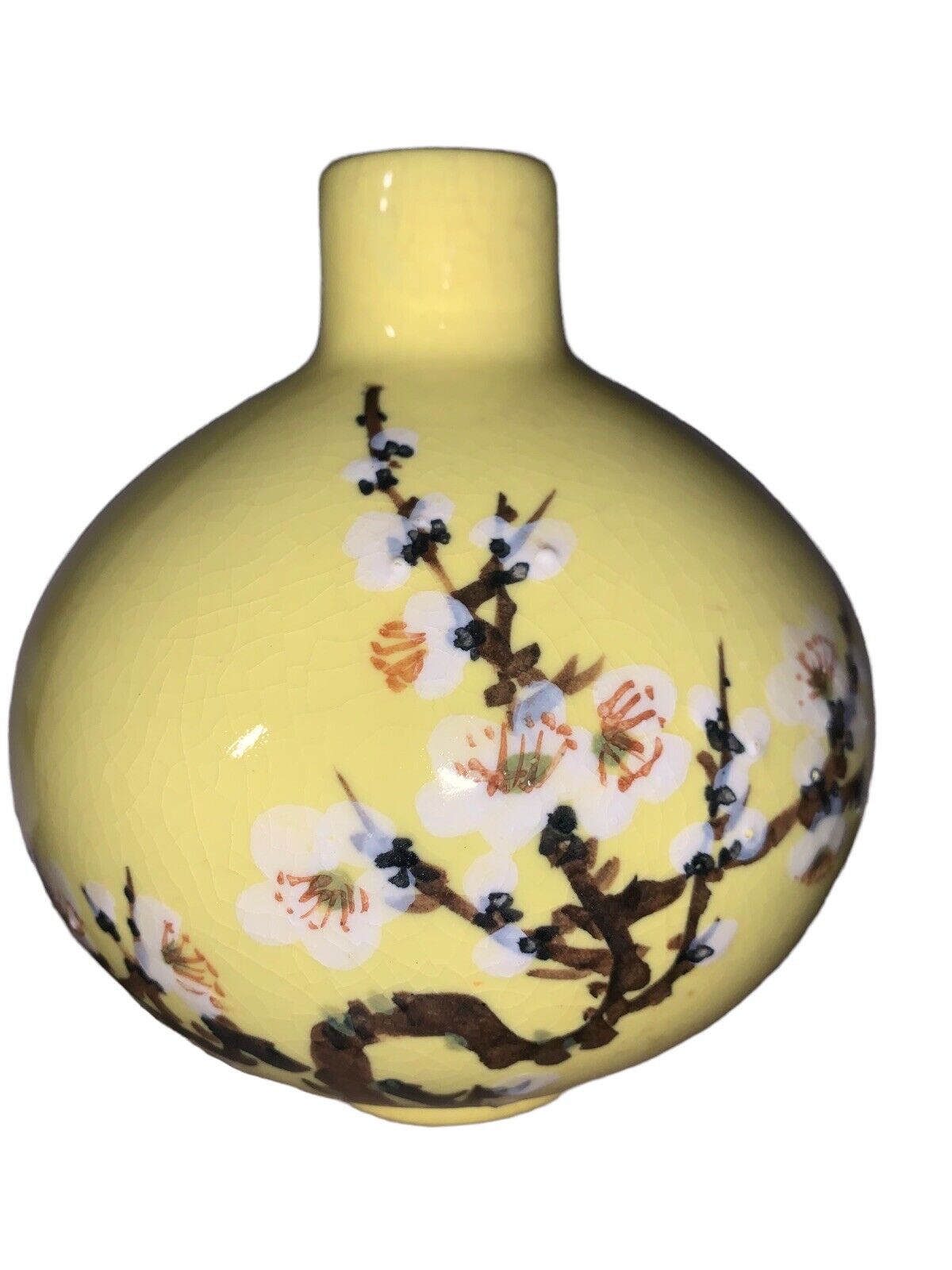 Vintage Yellow Japanese Flower Vase Nihon Hand Painted Pink Cherry Tree Signed