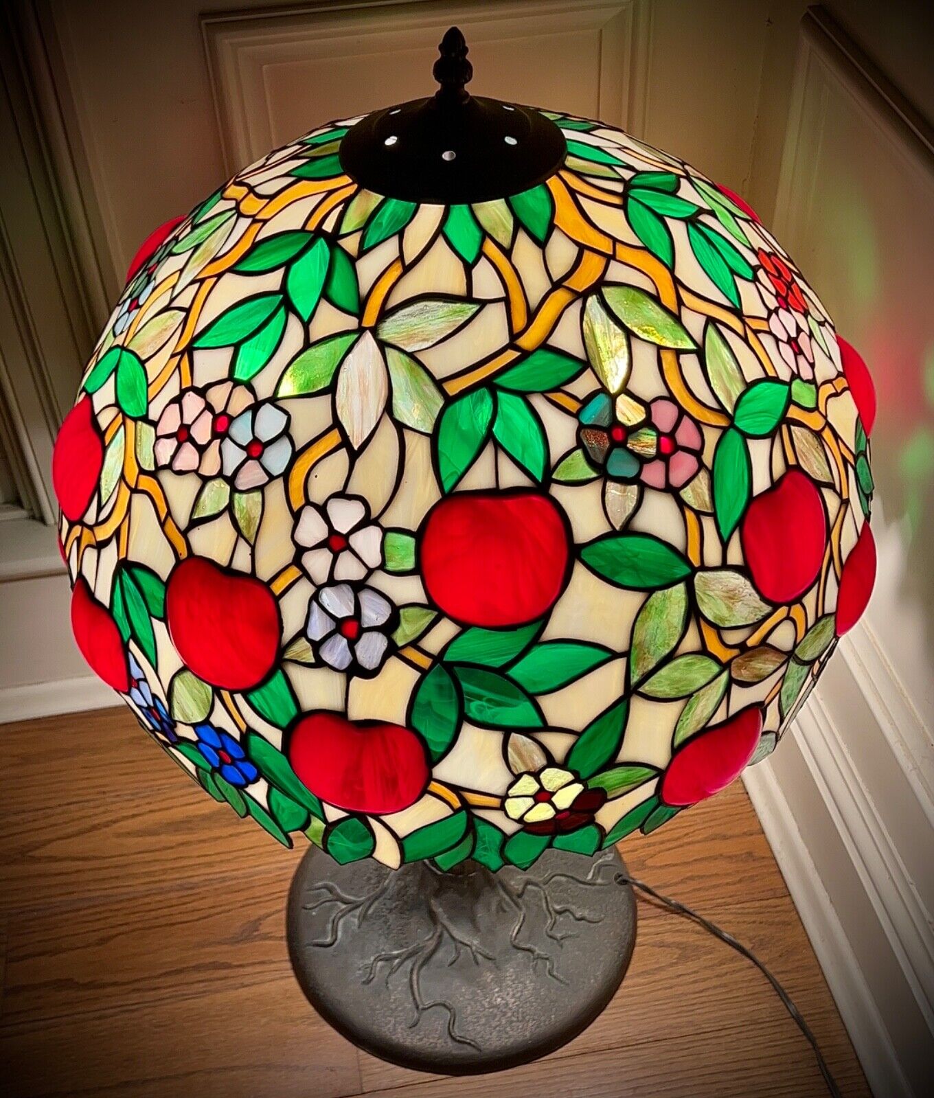 MASSIVE HEAVY Leaded Glass “Apple Tree in Blossom” Tiffany Reproduction Lamp