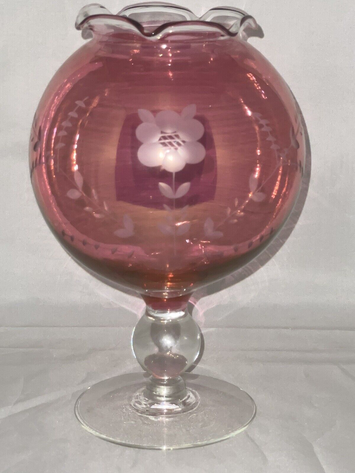 CRANBERRY GLASS VASE RUFFLE ART GLASS ETCHED FERN,BRANCHES,FLOWER