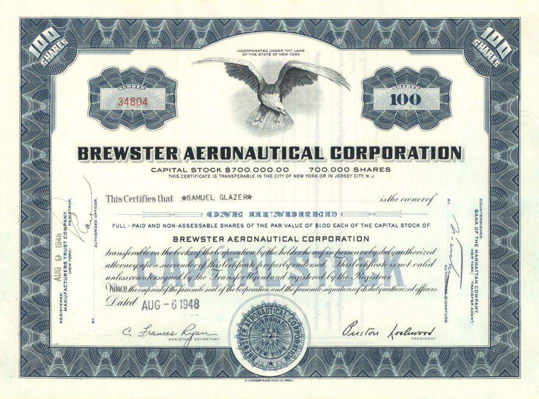 Brewster Aeronautical Corporation - 1948 dated Aviation Stock Certificate (Uncan