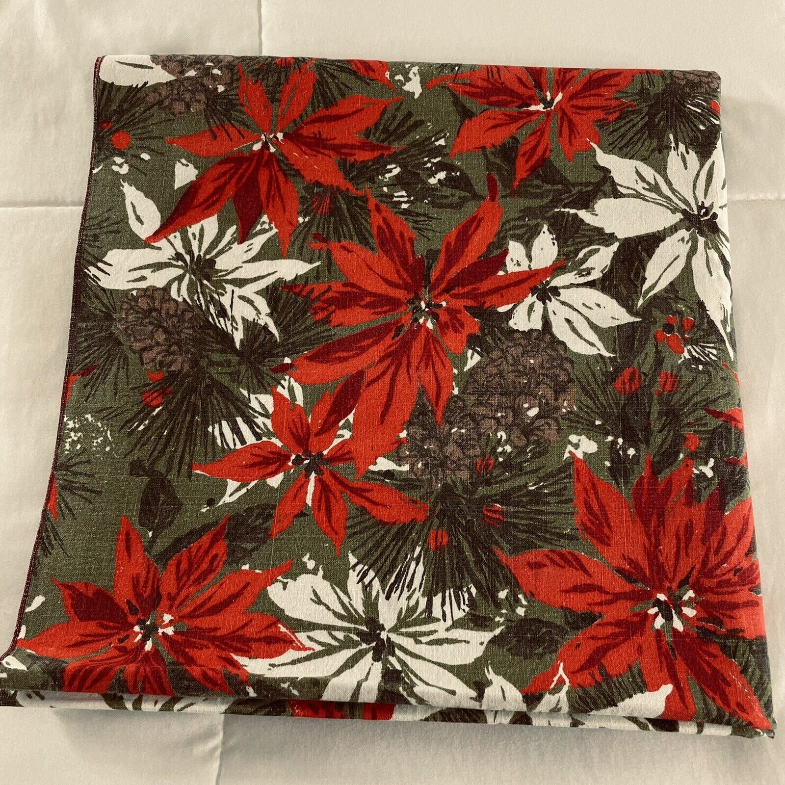 Vtg Christmas Tablecloth Poinsettia Pinecone Red Green 51x51 Square Handmade