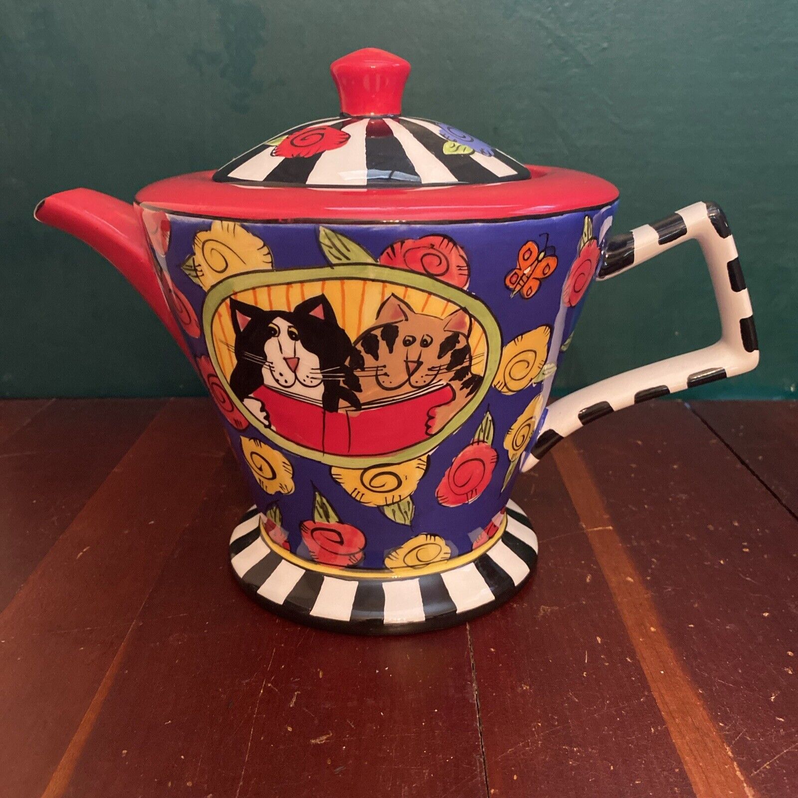 Catzilla Teapot Cats Roses Red White Black Blue Candace Reiter 2005 Henriksen