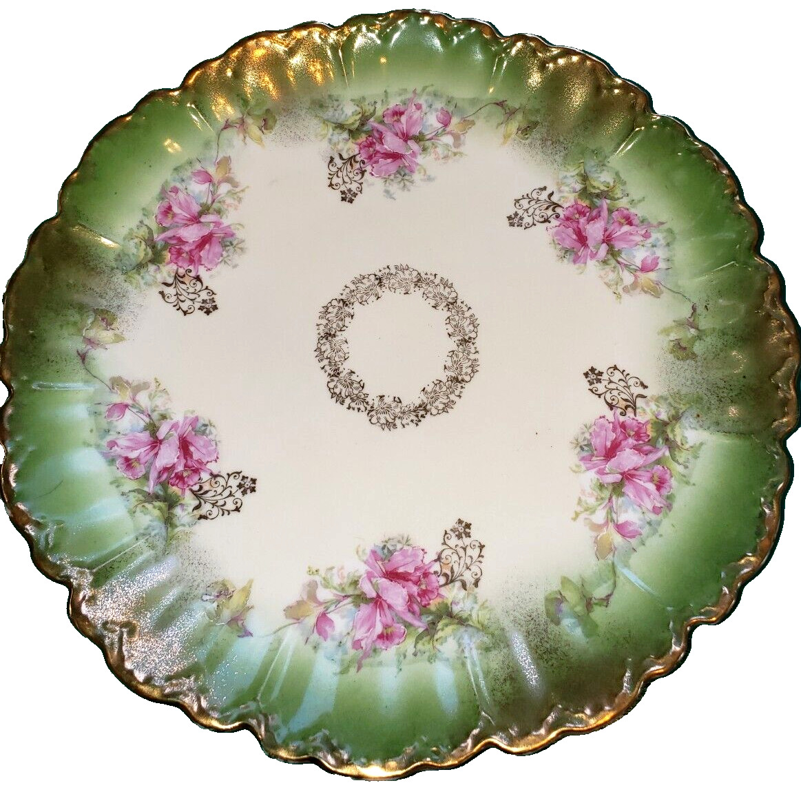 Antique Limoges France Pink Florals Gold Accent Charger Cabinet Plate 11 5/8\