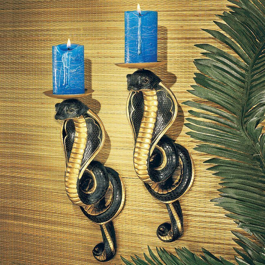 Ancient Egyptian Revival Style Cobra Goddesses Wall Candle Sconces: Set of Two