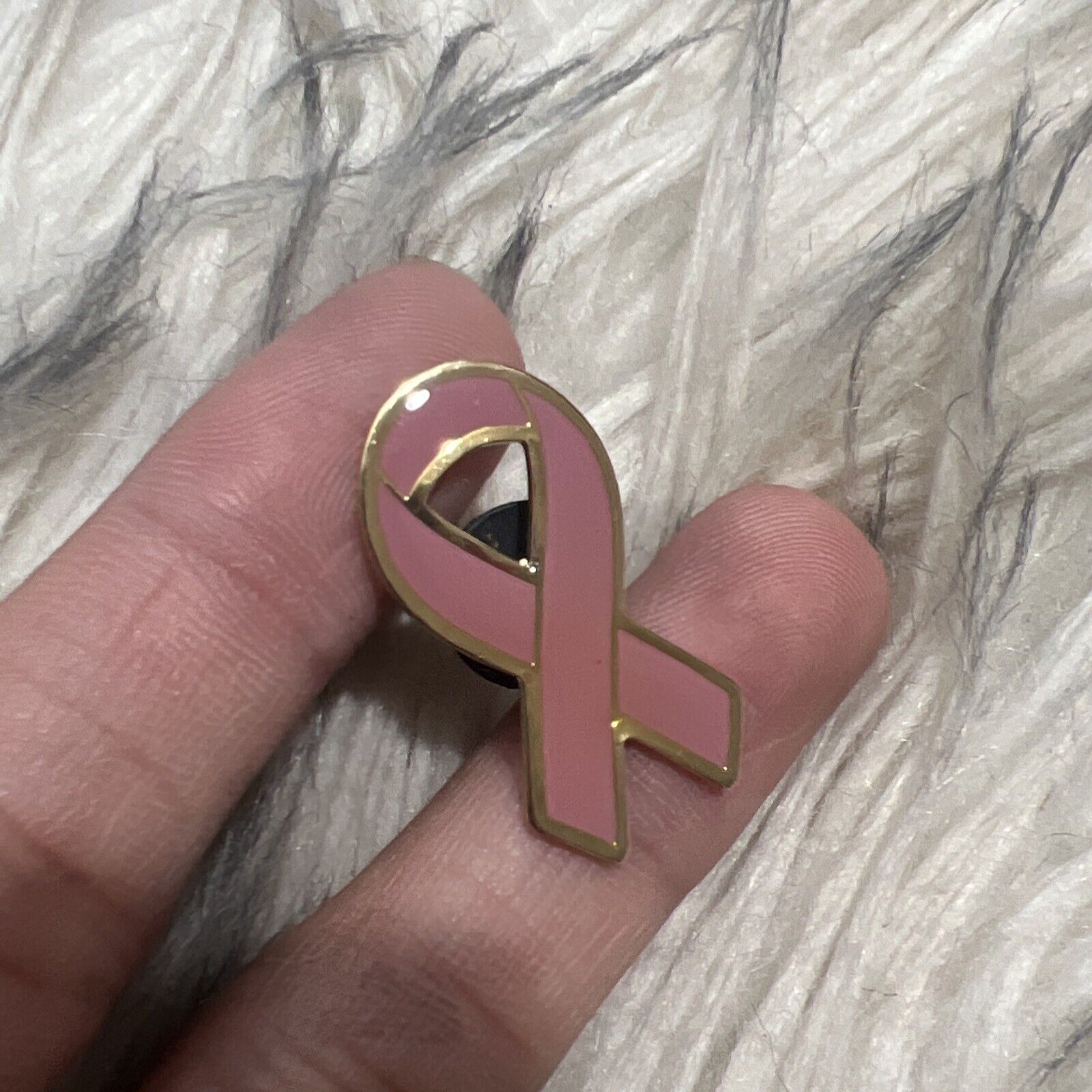 Vintage Breast Cancer Awareness Ribbon Pin Back Button Gold Trim 