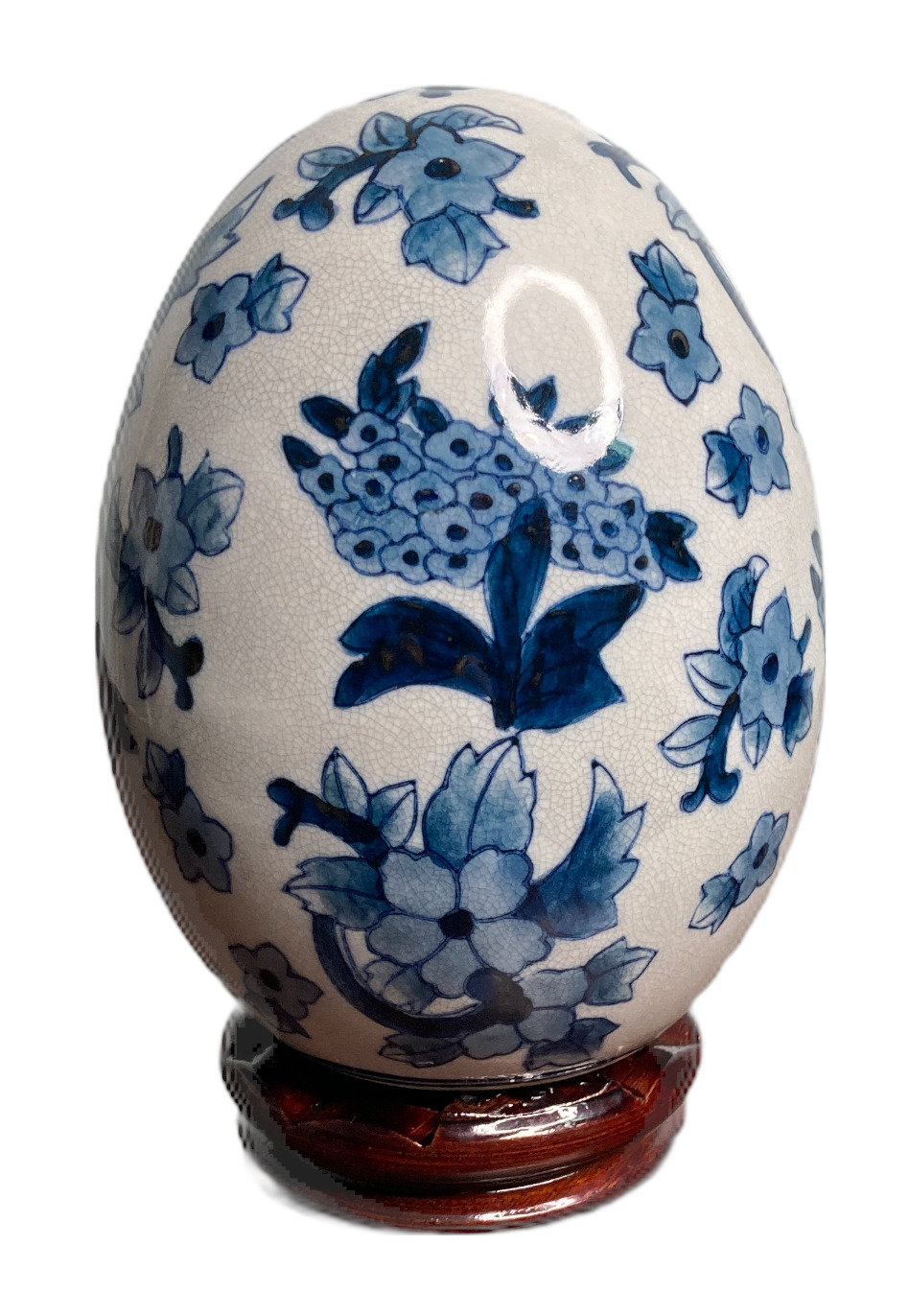 Beautiful Darker Blue and White Oriental Porcelain Egg with Stand