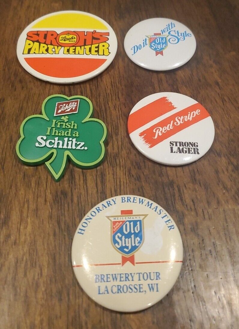 Vintage 1970-80s Beer Mixed Button Pin Pinback Lot of 5 Old Style Schlitz Strohs