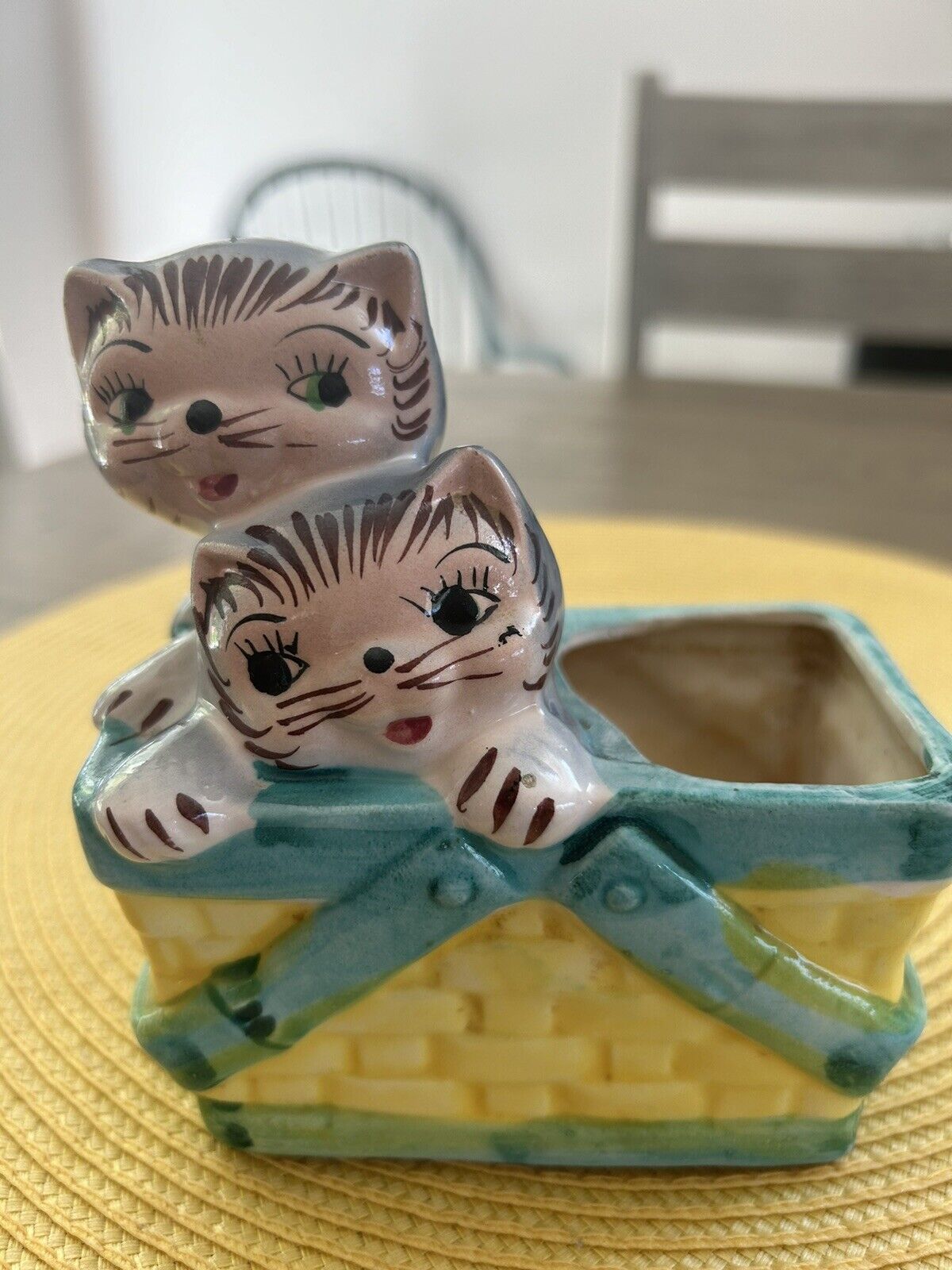 Vintage Kittens In a Yellow Picnic Basket Small Planter Ceramic Marked Japan