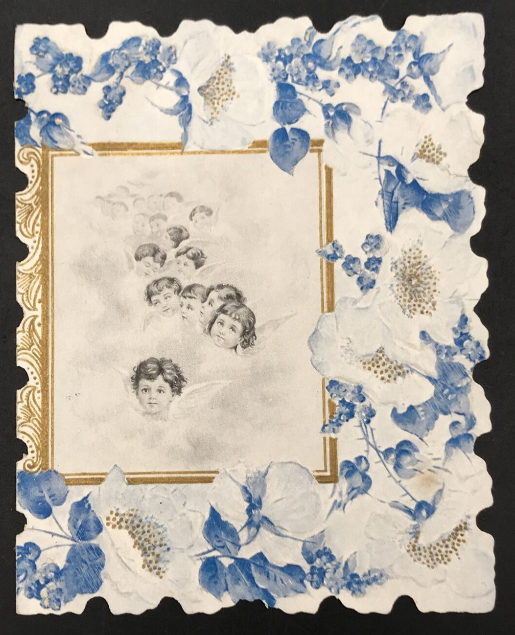 Antique 1905 Victorian Die Cut Cherub Angels Blue Floral Valentine Greeting Card