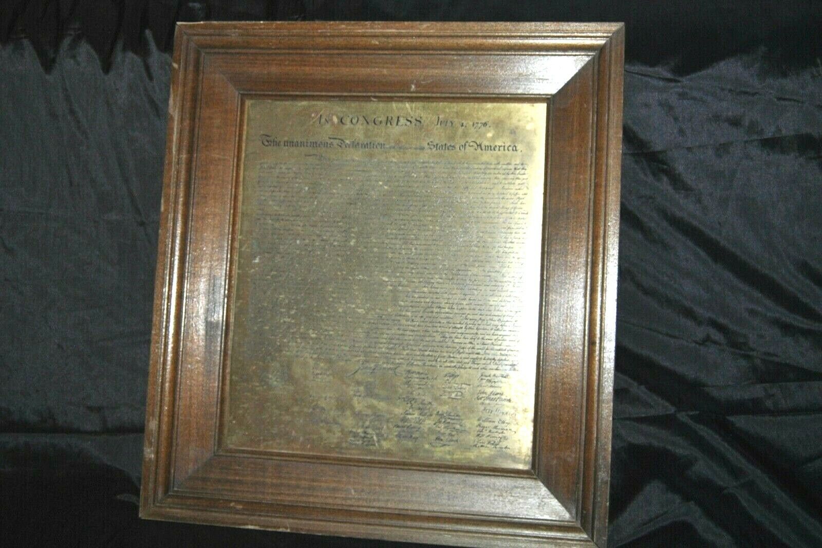 Fabulous Antique Declaration of Independence Engraved Brass Plaque Framed