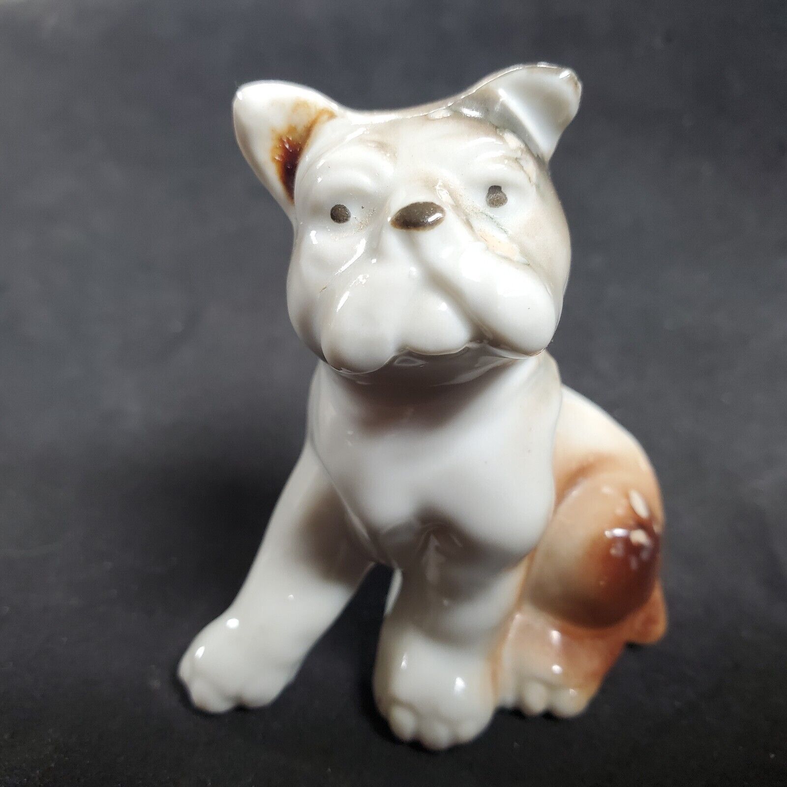 Vintage French Bulldog Porcelain Figurine Ceramic Fawn Brown White 2 inch Japan
