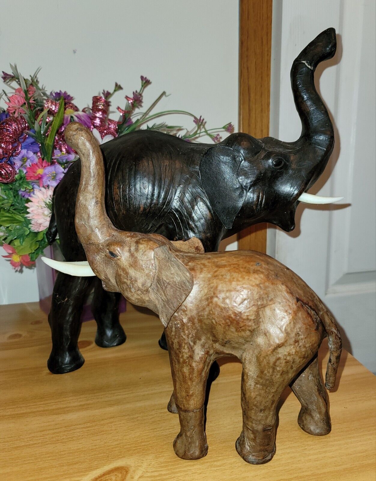 Rare Vintage Leather Wrapped Elephant Sculptures Set Of 2