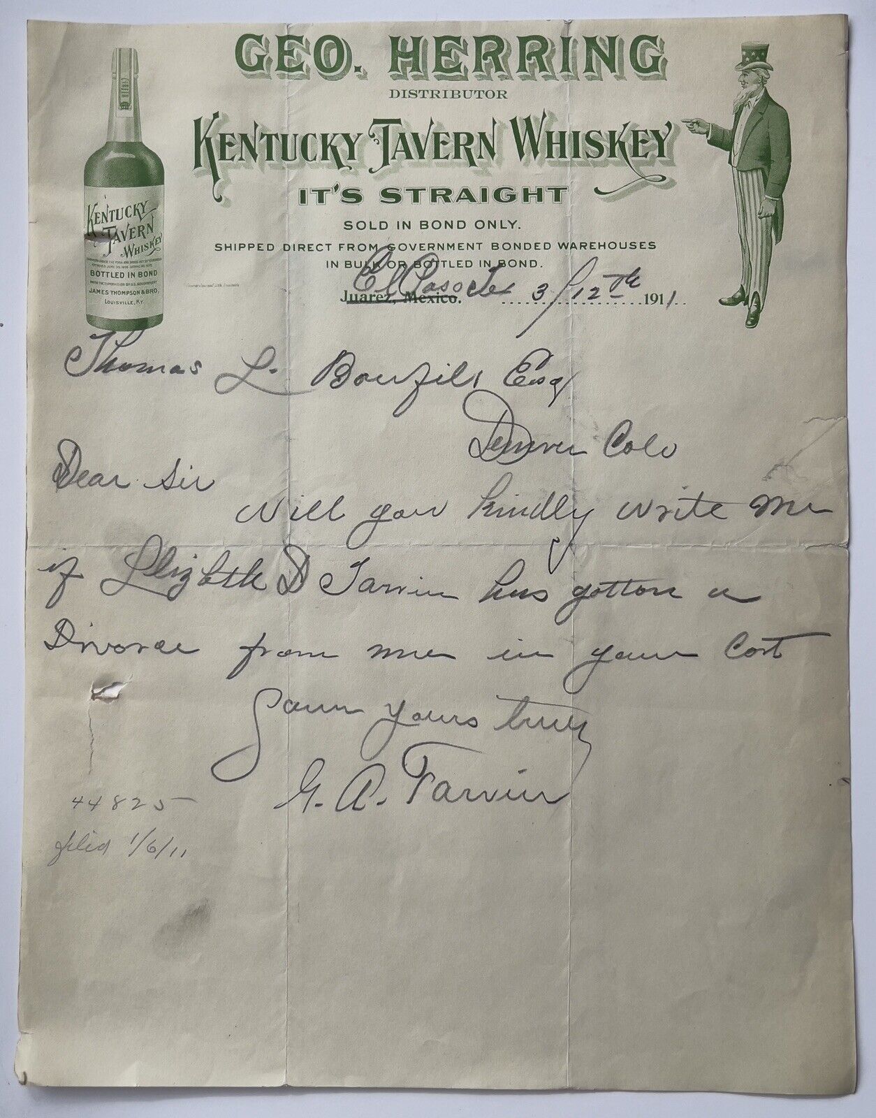 Rare 1911 Kentucky Tavern Whiskey Letterhead Bill El Paso Tx Bonfils  Uncle Sam