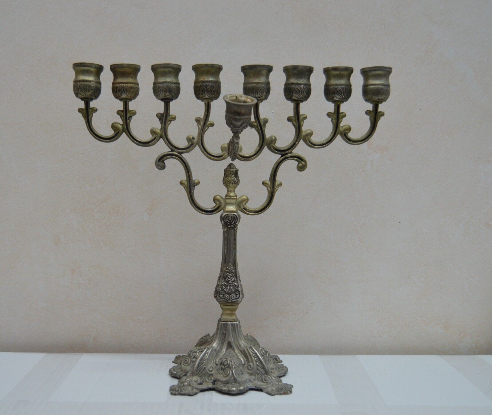 LARGE Vintage Hanukkah Jewish Chanukah Menorah Metal Chanukah Candle Holder 14\
