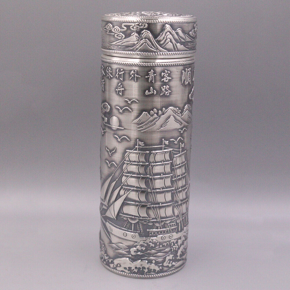 Real 999 Fine Silver Cup Drinking Water Cup Vacuum Cup Sailboat Carved 100g