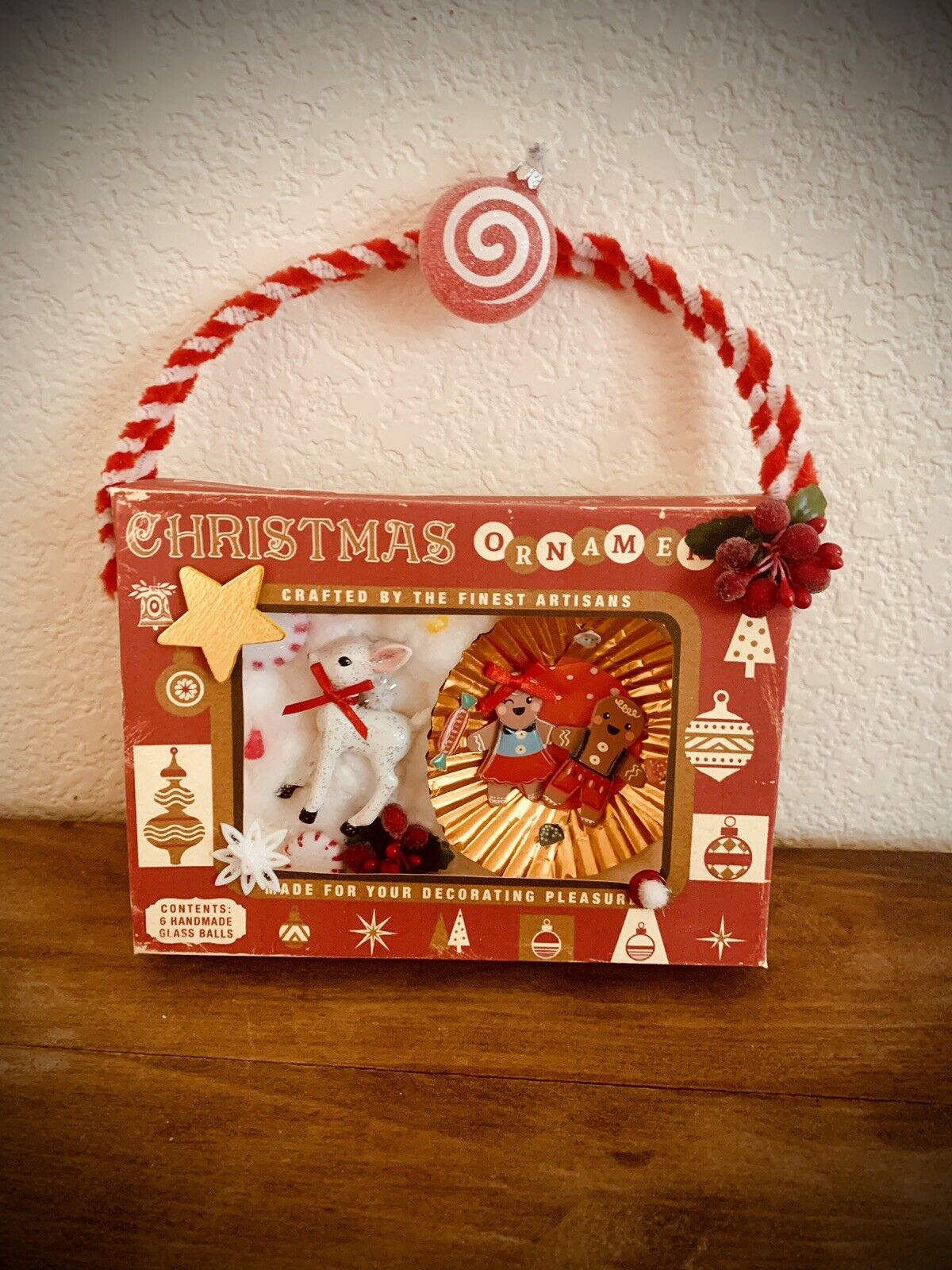Antique Vintage Style Christmas Ornament Reindeer Gingerbread Diorama Box OOAK