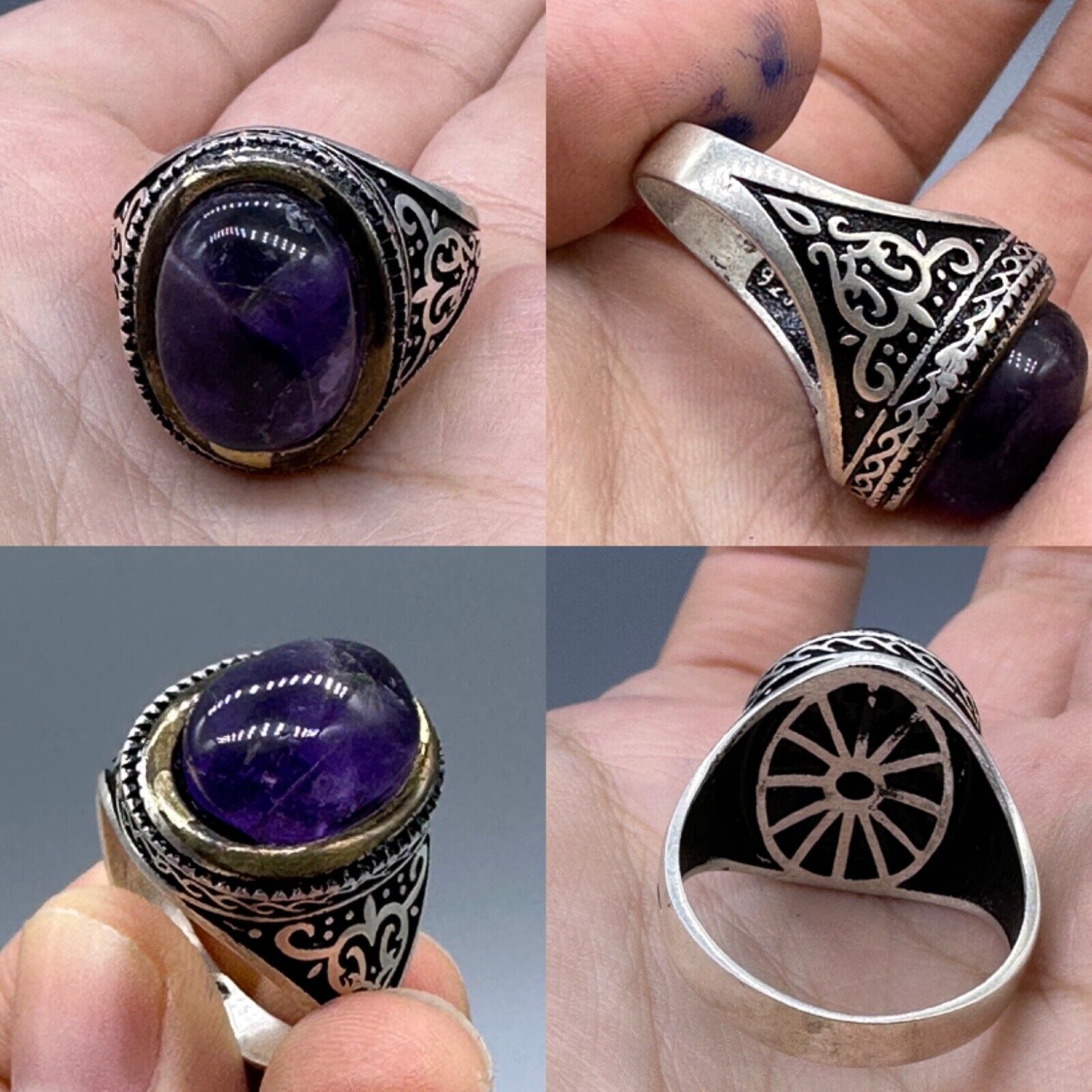 Unique Lovely Natural Amethyst Stone Silver Ancient Roman Style Ring
