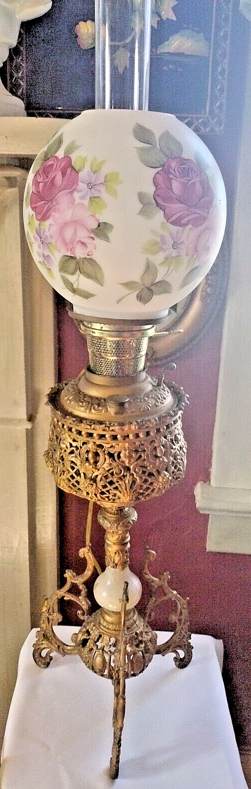 Antique Victorian Parlor Lamp GWTW Brass Onyx Tripod Base Glass Globe Roses GWTW