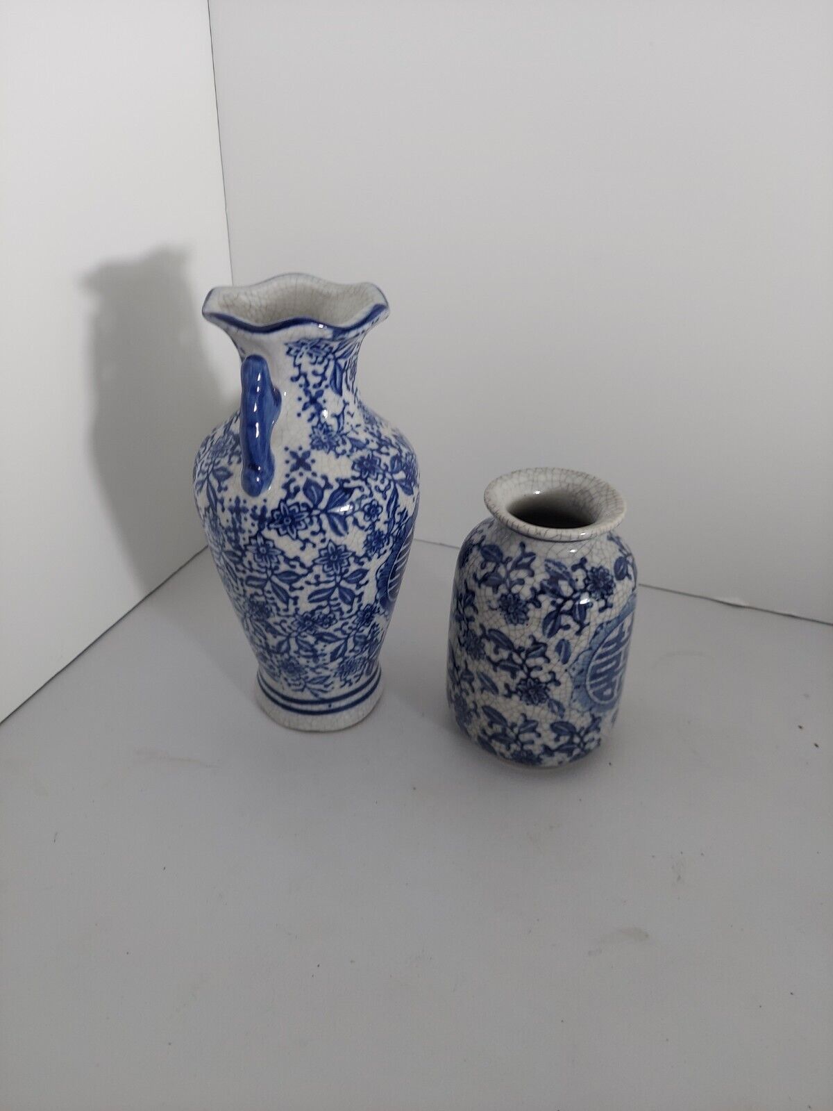 2-Vintage Chinese Blue & White Vase Double Happiness Butterfly With Handles