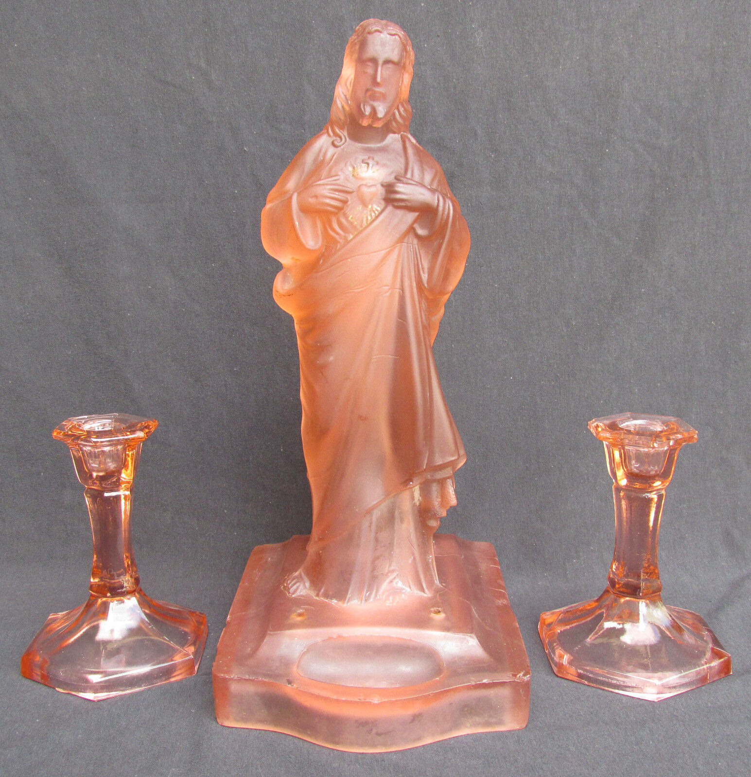 ANTIQUE VINTAGE GLASS JESUS AND ALTAR WITH CANDLESTICKS CANDLE HOLDERS SECESSION