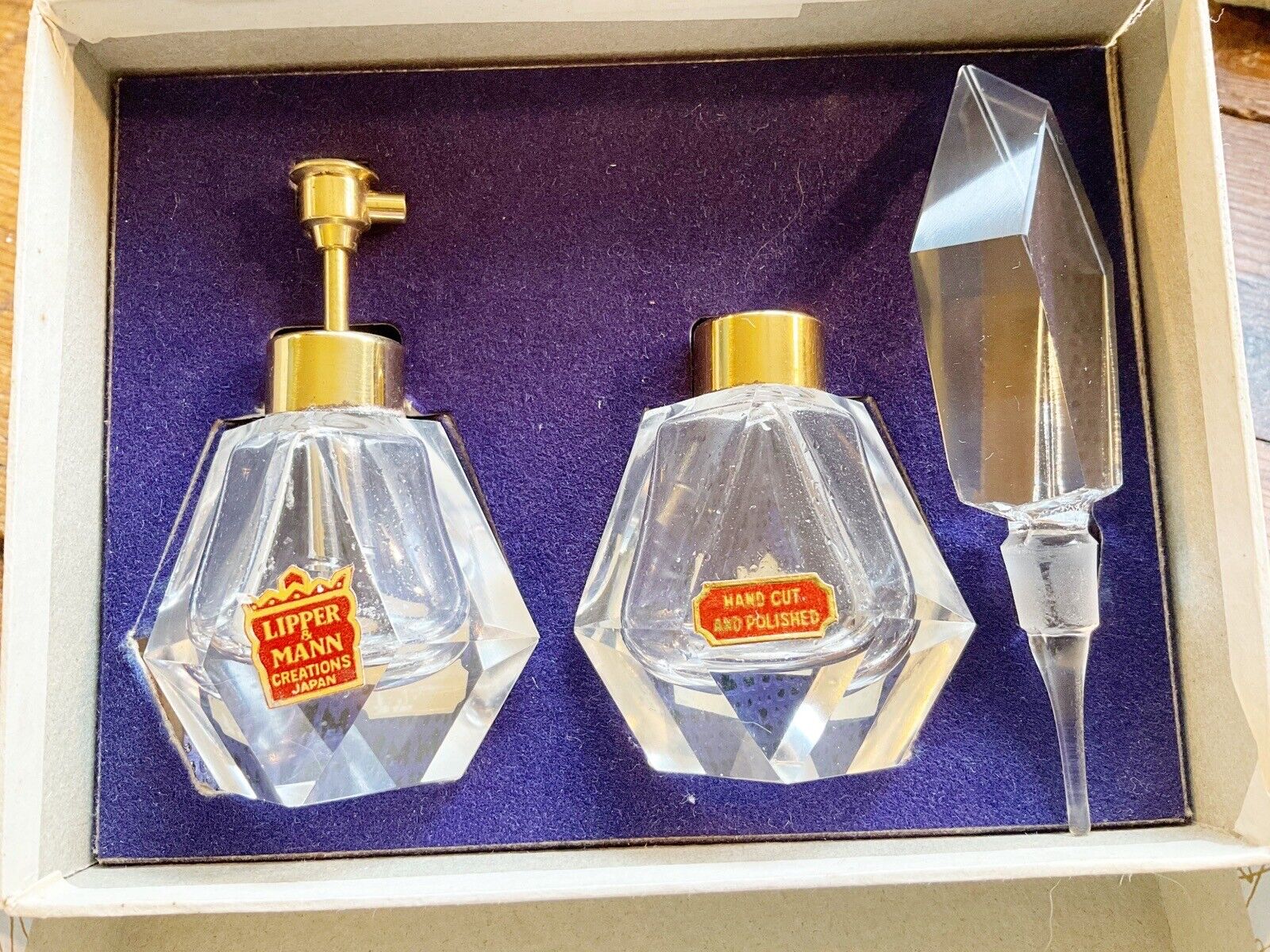 Vintage Cut Glass Perfume Bottle & Atomizer Lipper & Mann Creations Japan in Box