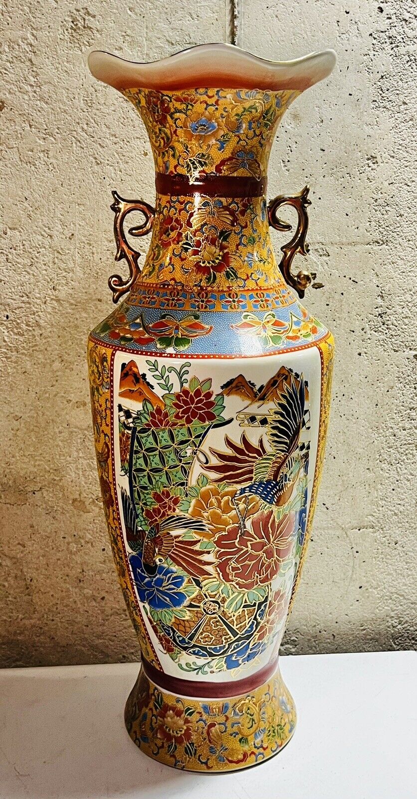 Vtg Japanese Chinese Import Ceramic Floor Vase Gold Beaded Moriage Bird Floral