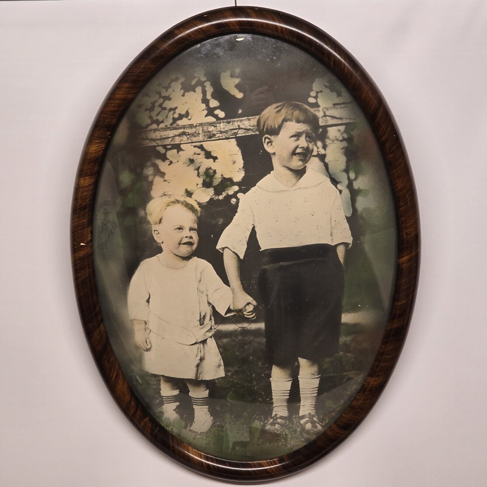 Antique Victorian Oval Wood Bubble Glass Picture Frame Sepia Children Convex