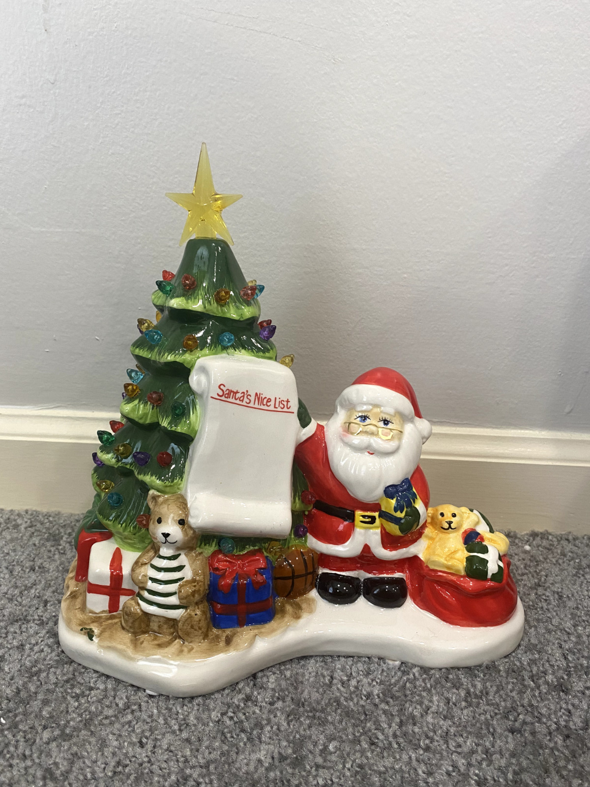 Vintage Ceramic Light Up Christmas Tree Santa's Nice List and Toys