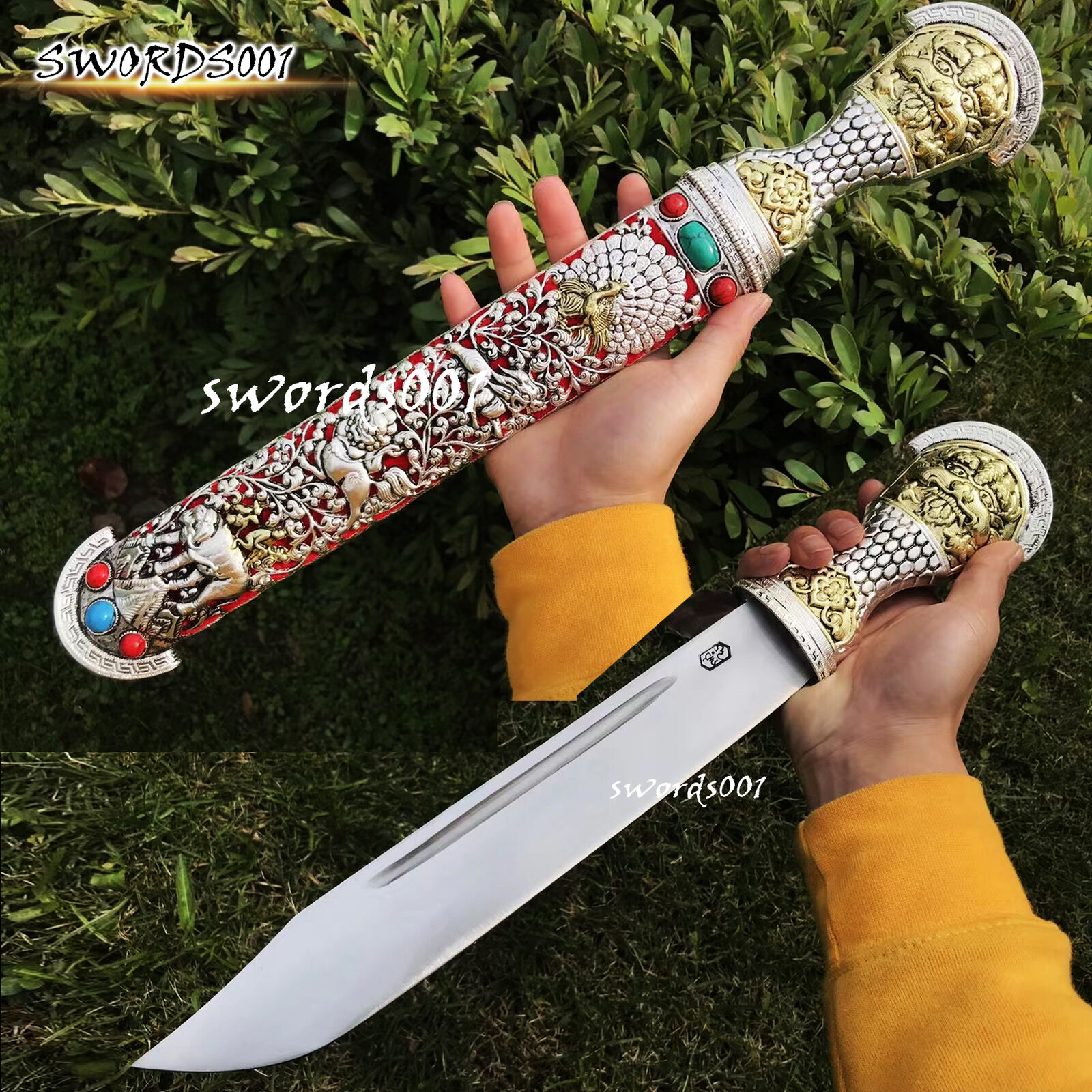 18'' Gold Silver-Plated Exquisite Design Tibetan Knife Short Sword Carbon Steel