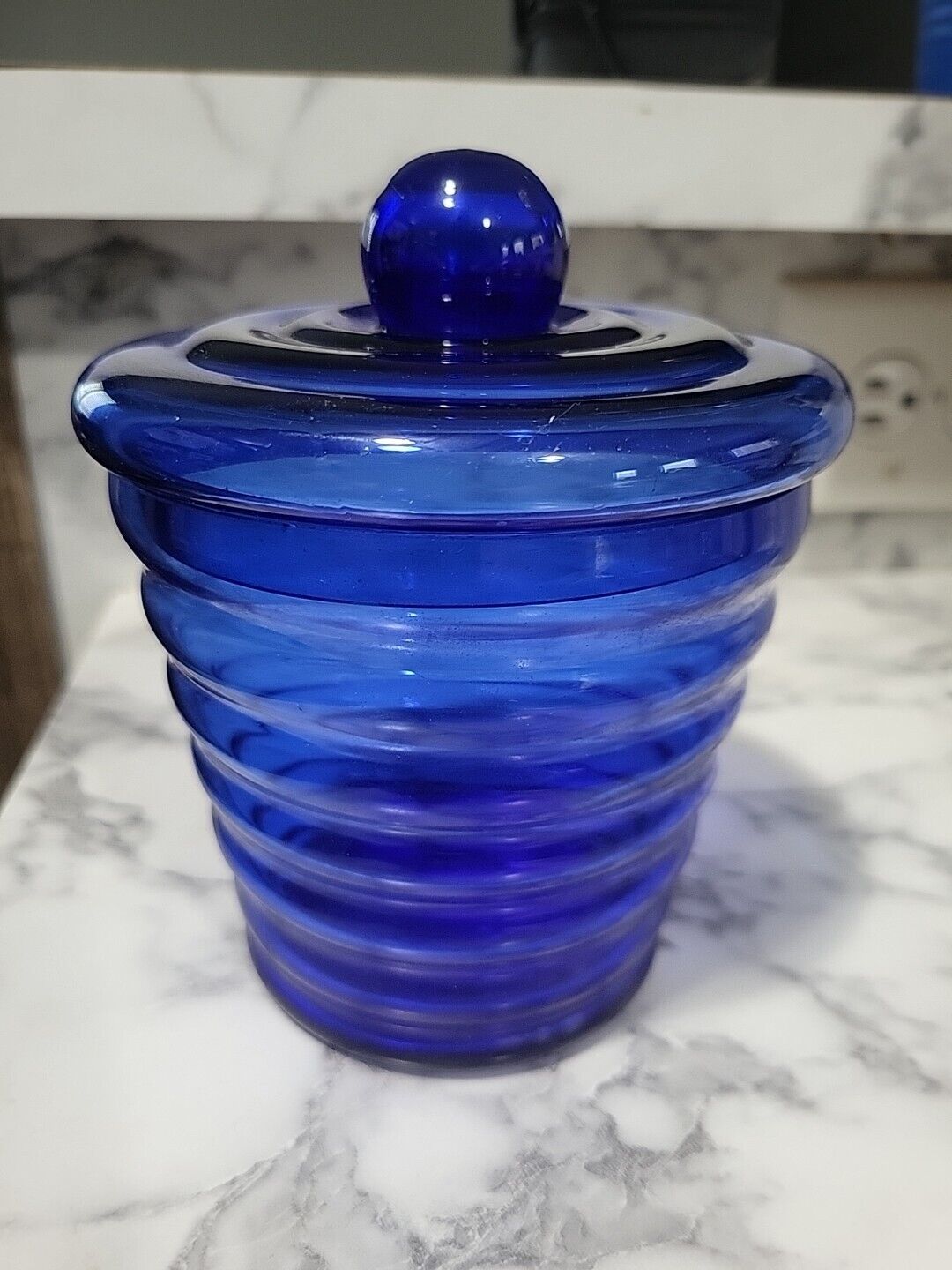Vintage Art Deco Styled Ribbed Cobalt Blue Glass Jar With Lid