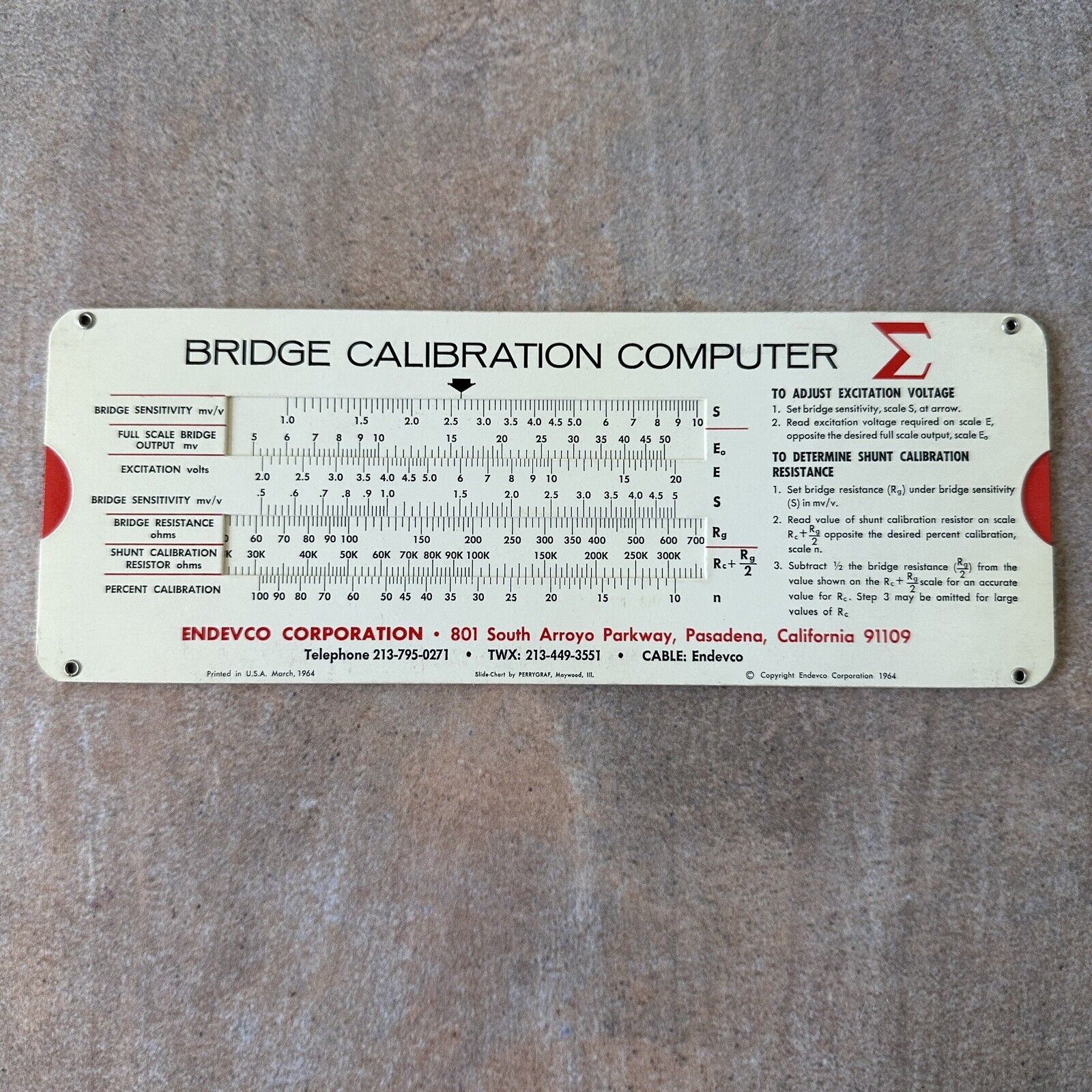 Endevco Bridge Calibration Computer Slide Rule Calculator 1964 Vintage USA