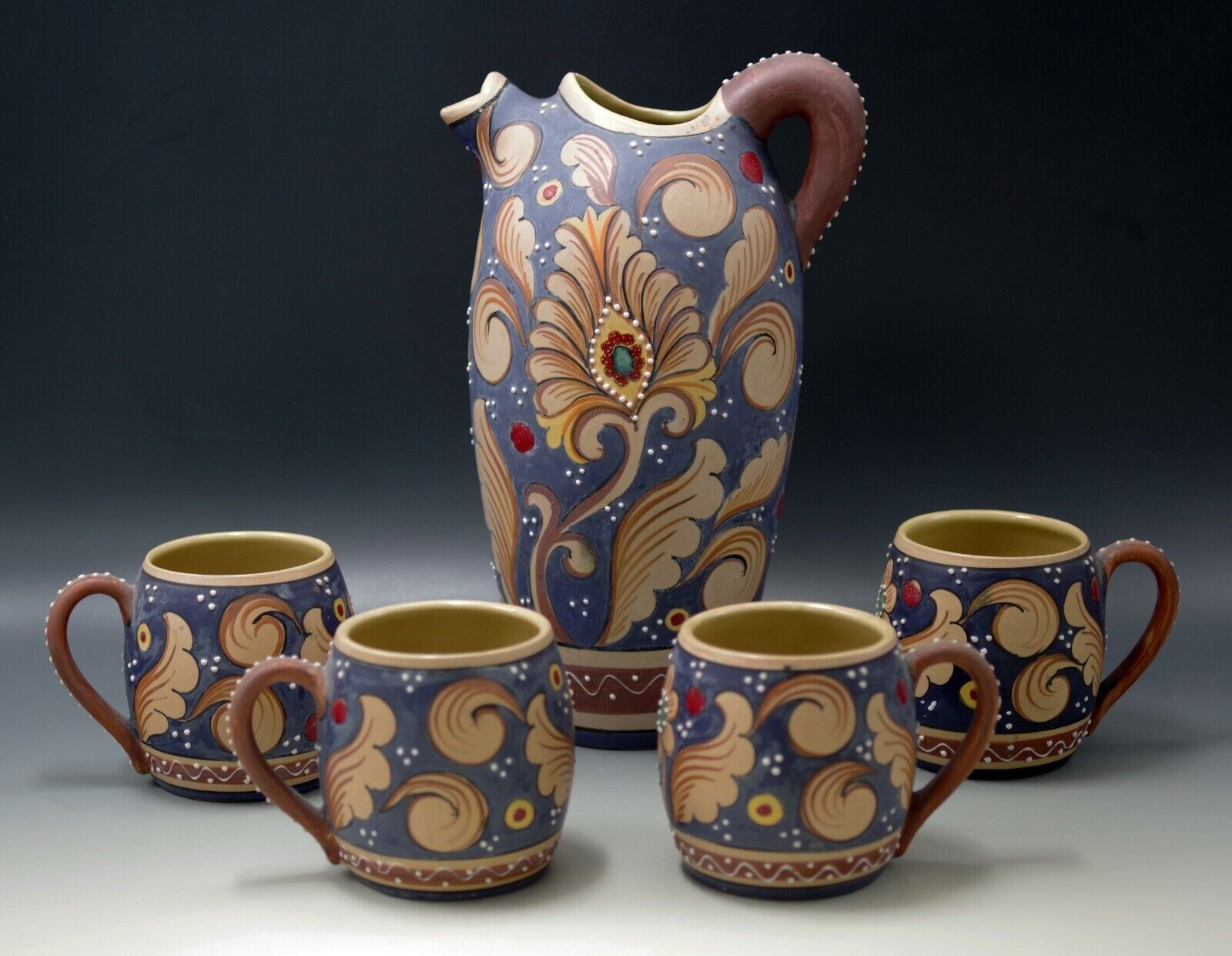 SANTUCCI  DERUTA POTTERY ITALY PEACOCK FEATHER PITCHER AND MUGS SET VINTAGE
