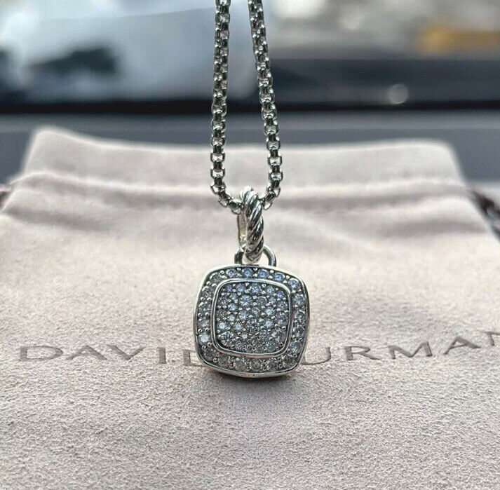 David Yurman 925 Sterling Silver 14mm Albion Pendant & Pave Diamond Chain 18inch