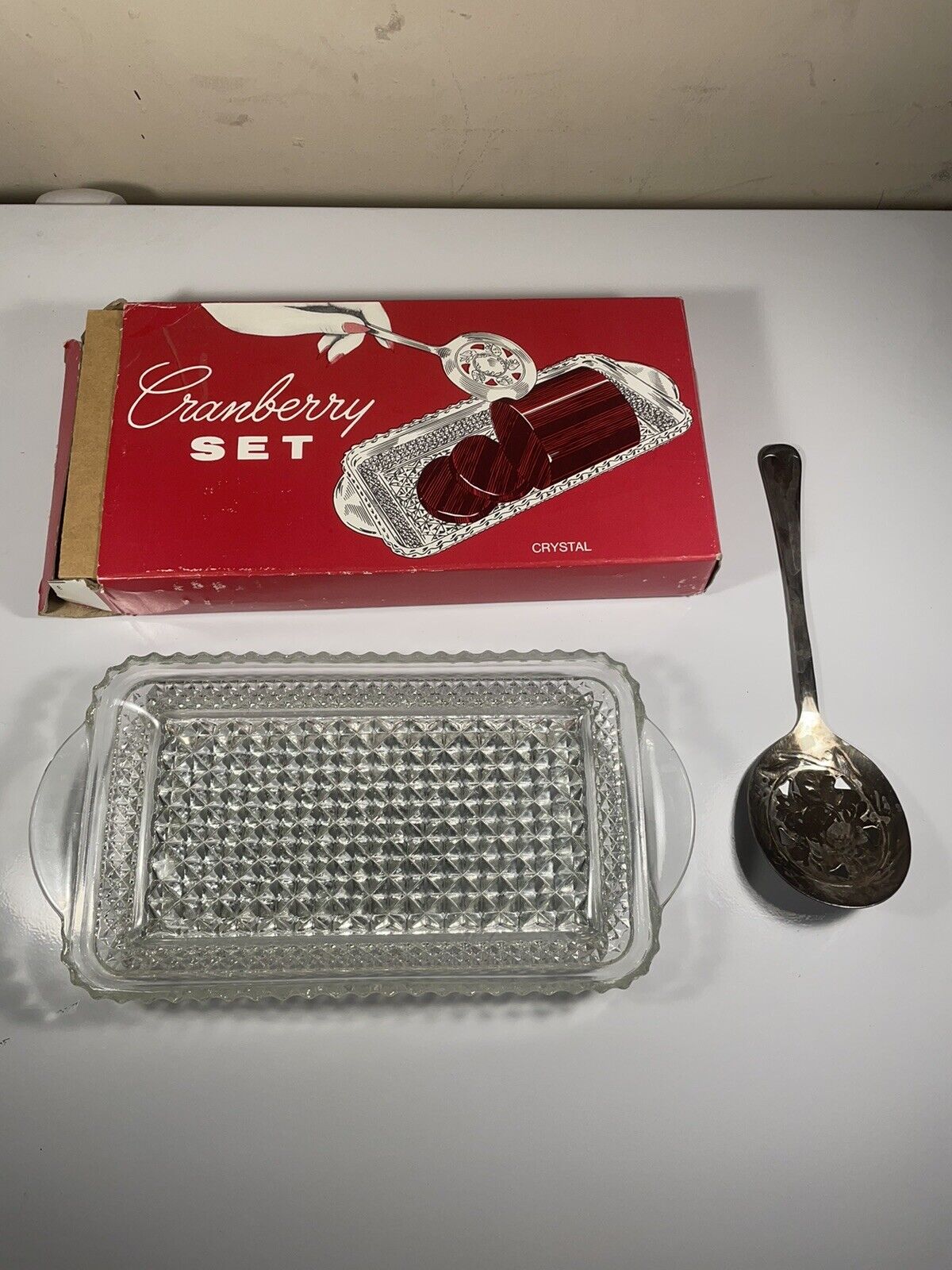 Vintage Cranberry Serving Set Crystal Glass Dish & Sheffield Silver Plate Spoon