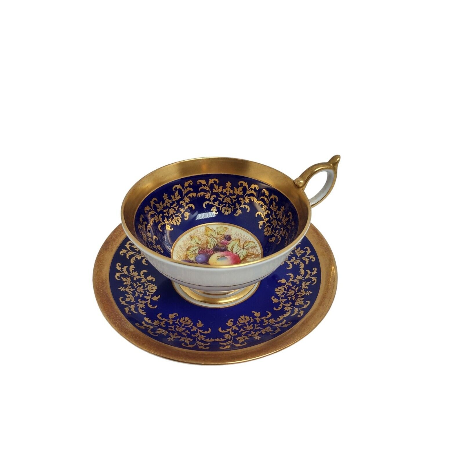 Aynsley Tea Cup And Saucer Pedestal Blue Gold Fruit England Vintage