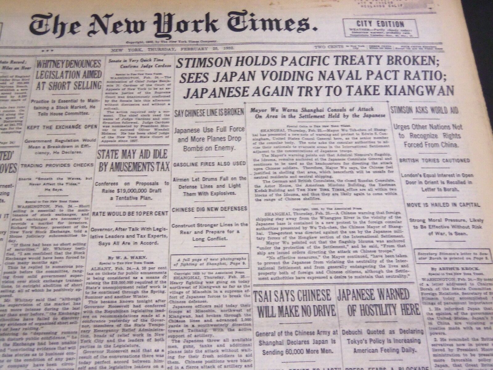 1932 FEBRUARY 25 NEW YORK TIMES - STIMSON HOLDS PACIFIC TREATY BROKEN - NT 4767