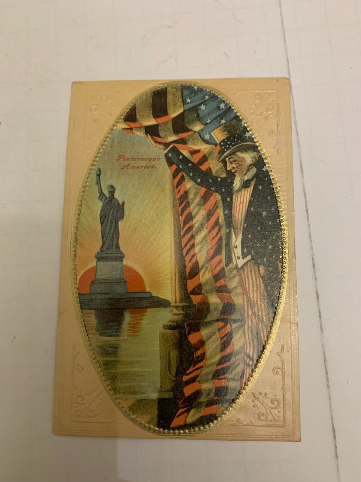 1910 Picturesque America Patriotic Postcard Uncle Sam and Statue of Liberty