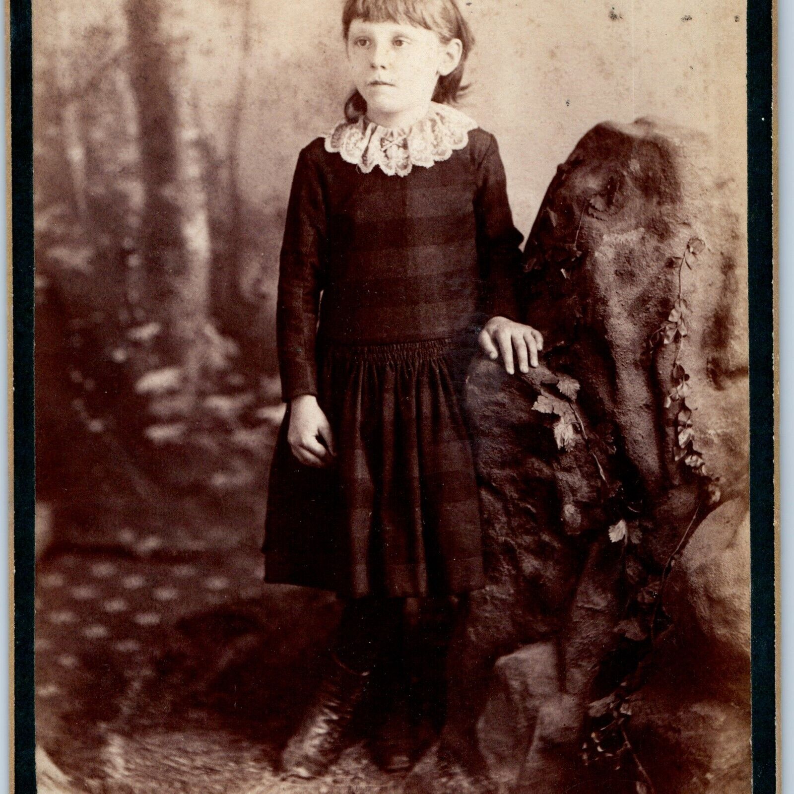 c1880s Cute Little Girl by Geopolymer Rock Cabinet Card Photo Somber Boot B18