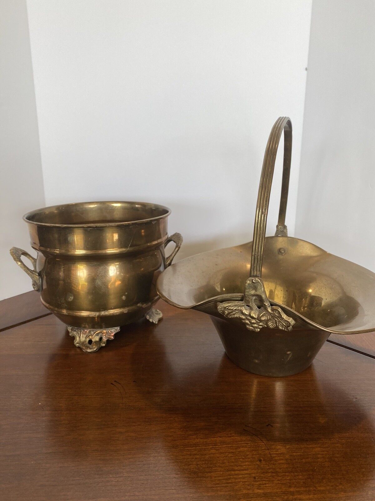 Vtg Brass Basket Swing Handle AND Handled Footed Brass Planter Lot Of 2 Patina